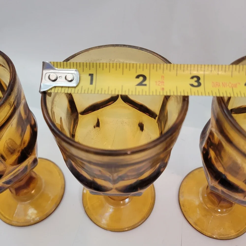 Indiana Glass Whitehall Amber Goblets Vintage Set of 3 Cubist Footed Glasses